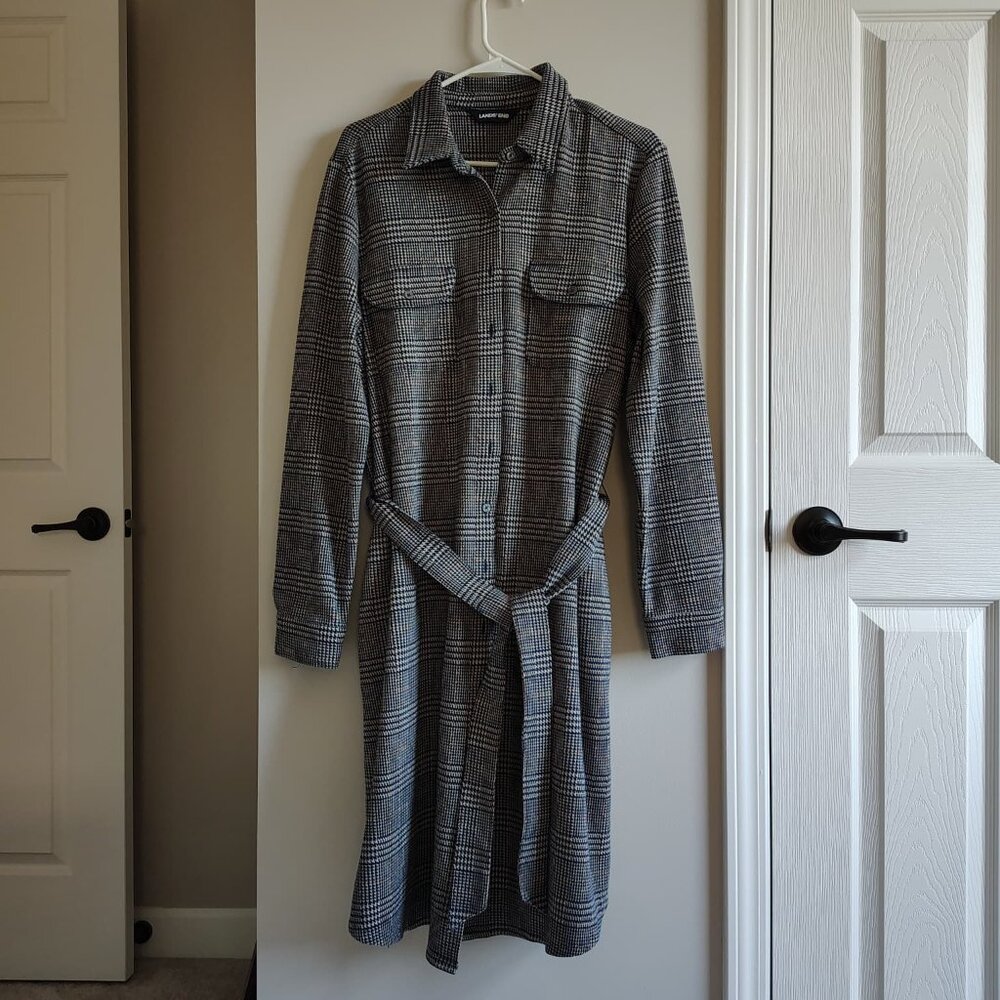 Lands’ End Tall XL Sport Knit Shirt Dress Jacquard Glen Plaid